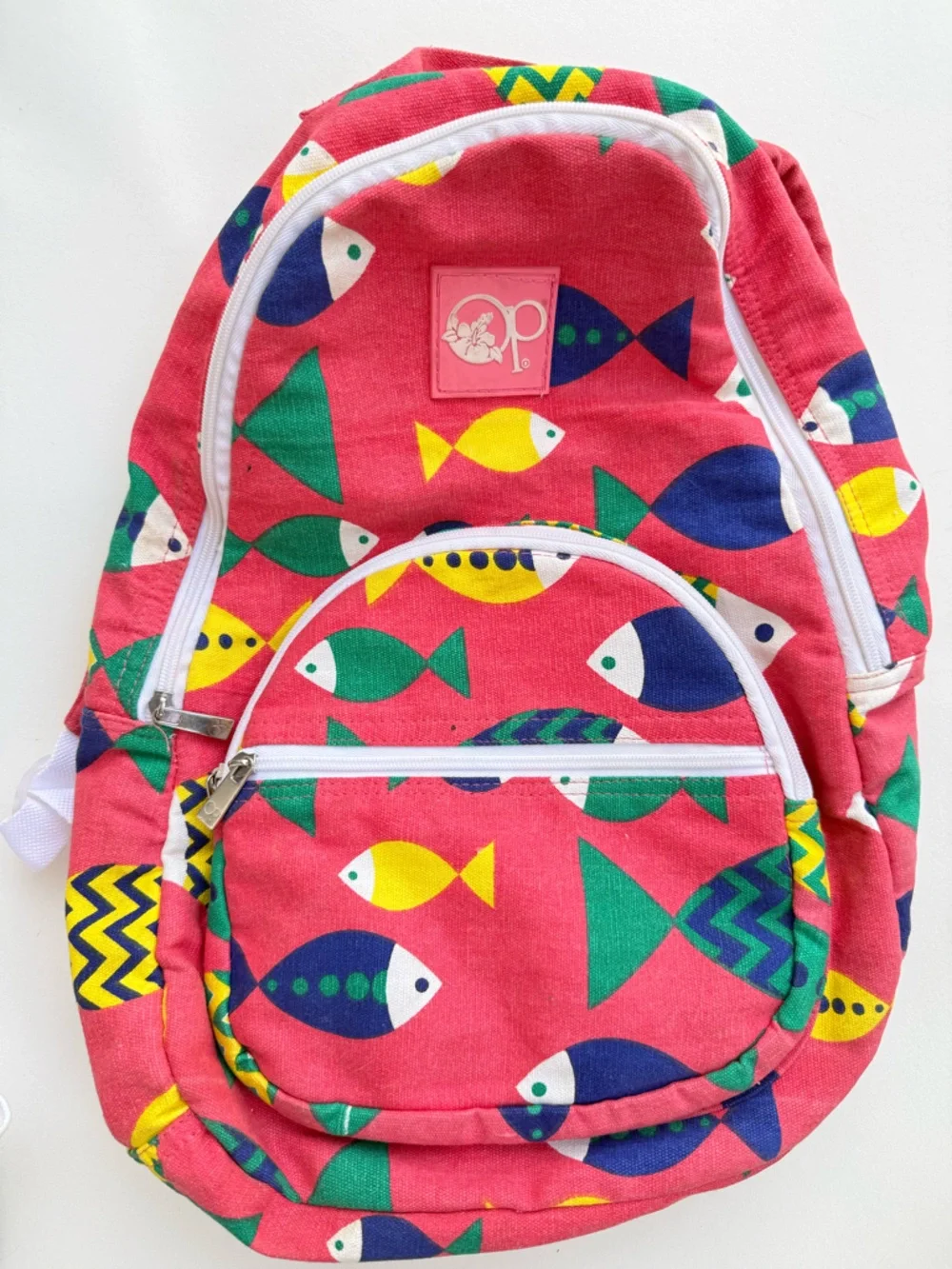 Vintage OP Ocean Pacific Kids Backpack Pink Fish Print Canvas School Bag